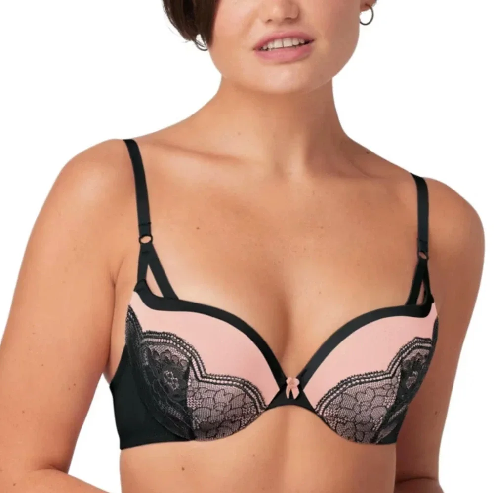 MAIDENFORM 34B Push Up Lace Plunge Underwire Bra Love the Lift 9900 Black Peach